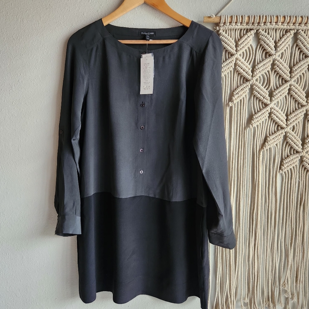Eileen Fisher Two-Tone Black Charcoal Long-Sleeve Tunic Dress